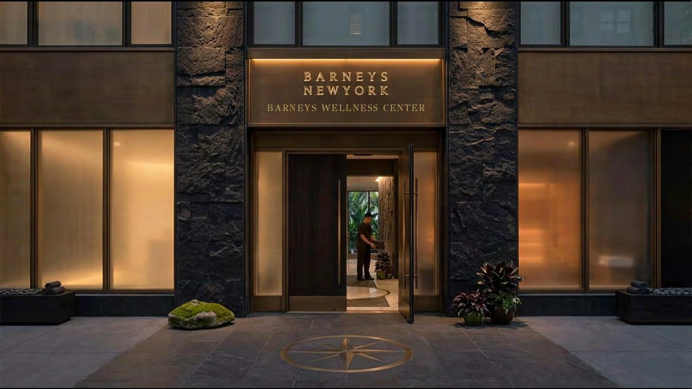 Conceptual entrance to Wellness Spa At Barneys, with warm lighting, natural stone and an open doorway into the sanctuary